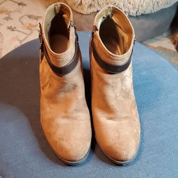 Liz Claiborne Brown Suede Ankle Boots with Leather Strap - Block Heel - Size 10 - Picture 2 of 10